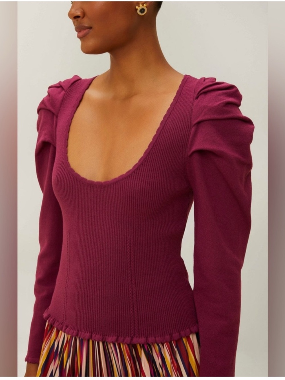 FARM RIO Burgundy Knit Corset Top fuchsia pink purple puff sleeve scoop neck - Picture 2 of 3